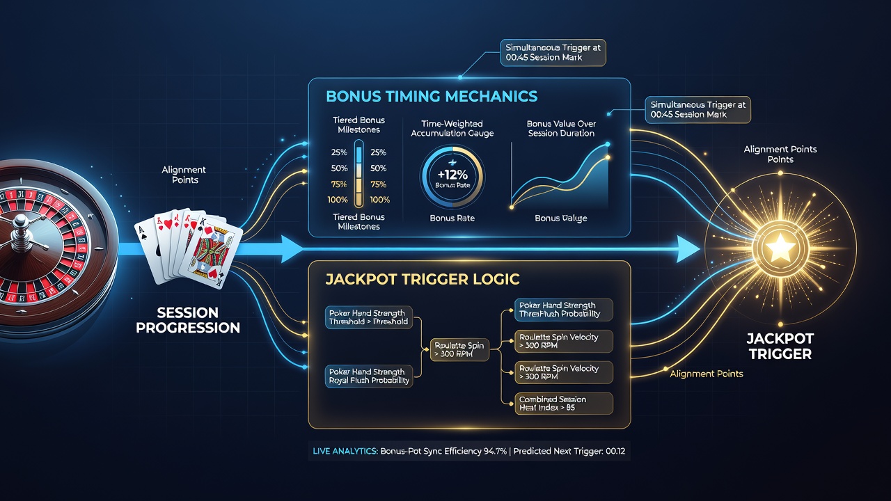 Close-up of synchronized bonus meter and jackpot counter on a combined roulette and poker digital screen