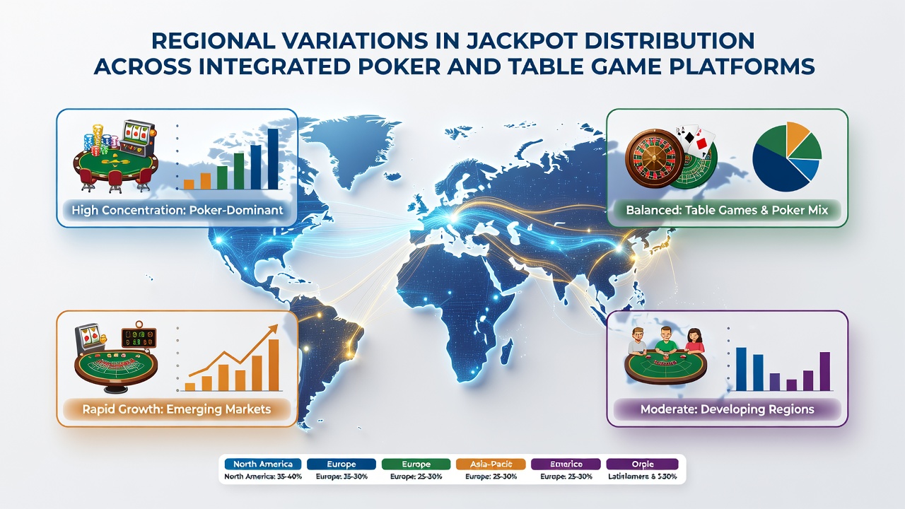 Chart comparing jackpot sizes and trigger frequencies across North America, Europe, and Asia on integrated poker and table game platforms